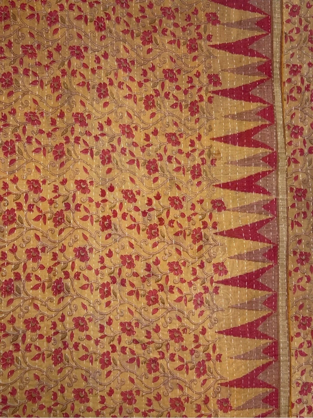 Vintage Handmade Printed Kantha Quilt India Sari Throw Blanket Twin 52x80